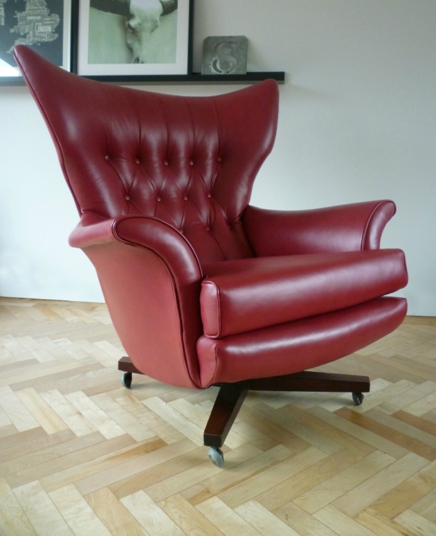 Vintage G Plan 6250 Swivel Chair in custom red leather front