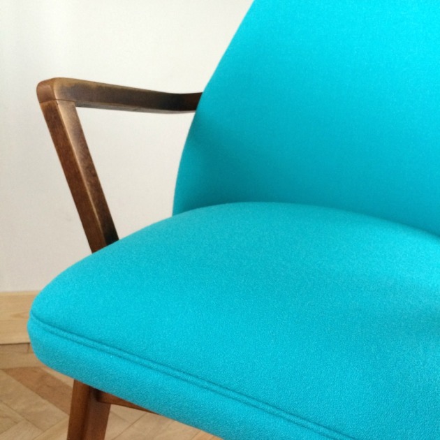 Detail of Restored Retro Benchair Carver Dining Chair in Bute Wool Grey and Blue